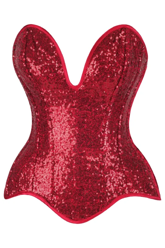 designer women bustiers and corsets collectionsTop Drawer Steel Boned Red Sequin Plunge Neckline Overbust Corset