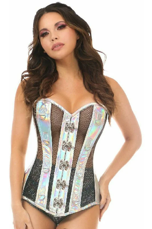 underbust corsets for women fashionTop Drawer Silver Holo & Black Fishnet Steel Boned Over Bust Corset