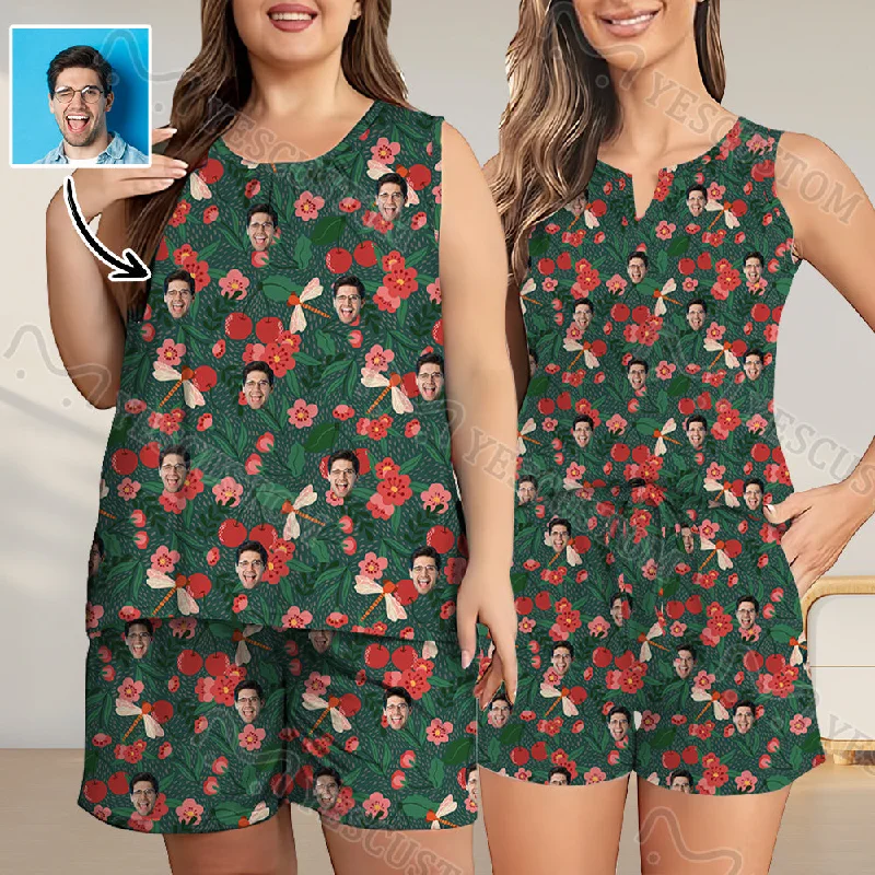 Personalized Women's Tank&Shorts Pajama Sets Custom Face Red&Green Sleeveless Crew Neck&V-Neck Pocket Pj Set Short Sleepwear