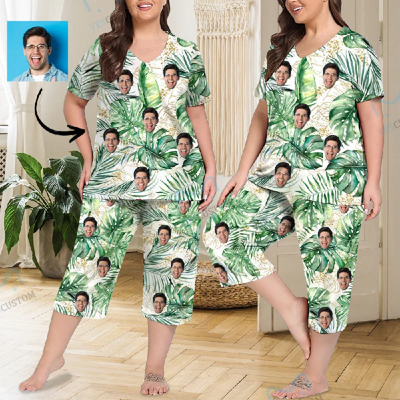 women's nightgowns with a V - neck designCustom Face Palm Leaves Women's Loungewear Set Short Sleeve Shirt and Capri Pants Sleepwear Pajama Set women's nightgowns with a V - neck designCustom Face Palm Leaves Women's Loungewear Set Short Sleeve Shirt and Capri Pants Sleepwear Pajama Set