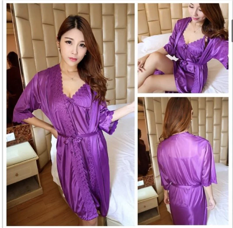 women robes with moisture - wicking fabricShort Night Dress & Full Sleeves Robe - Purple - Satin women robes with moisture - wicking fabricShort Night Dress & Full Sleeves Robe - Purple - Satin