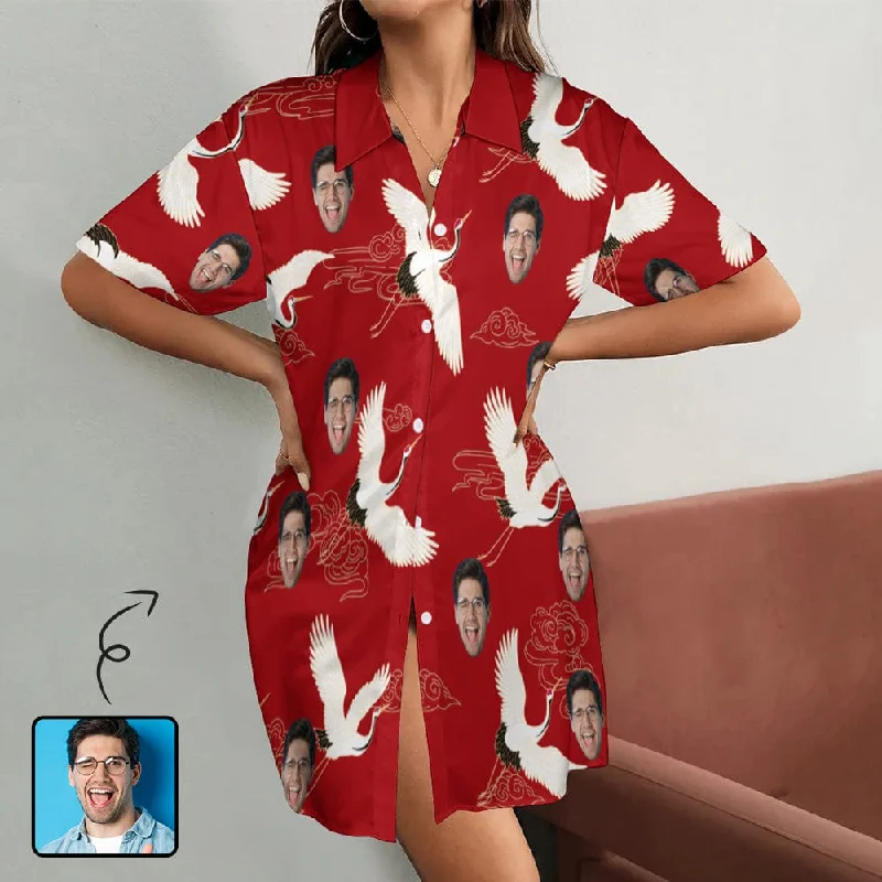 women's sleepshirts with a removable beltCustom Face Red-crowned Crane Red Satin Nightgown For Women Silk Nightshirt Button Down Pajamas Dress Boyfriend Sleepshirt S-3XL women's sleepshirts with a removable beltCustom Face Red-crowned Crane Red Satin Nightgown For Women Silk Nightshirt Button Down Pajamas Dress Boyfriend Sleepshirt S-3XL