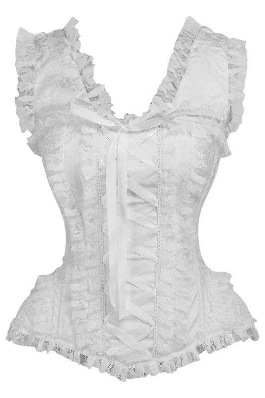 Top Drawer White Brocade & Lace Steel Boned Corset w/Cap Sleeves