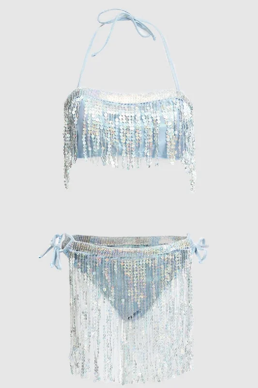 quick dry women bikini briefs for beach activitiesSilver Tassel Sequin Detail Lingerie Set Bikini Set