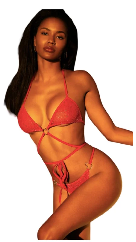 Rhinestone Two Piece Heart Bikini Red