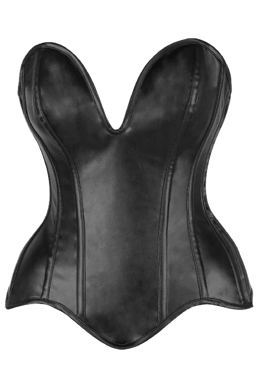 custom fit women bustiers and corsetsTop Drawer Steel Boned Black Faux Leather Plunge Neckline Overbust Corset