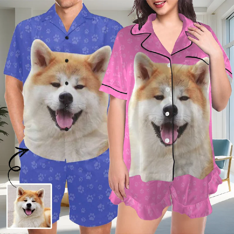 Couple Matching V-Neck Short Pajamas Custom Pet Photo Pajama Sets Sleepwear Loungewear For Pet Lovers