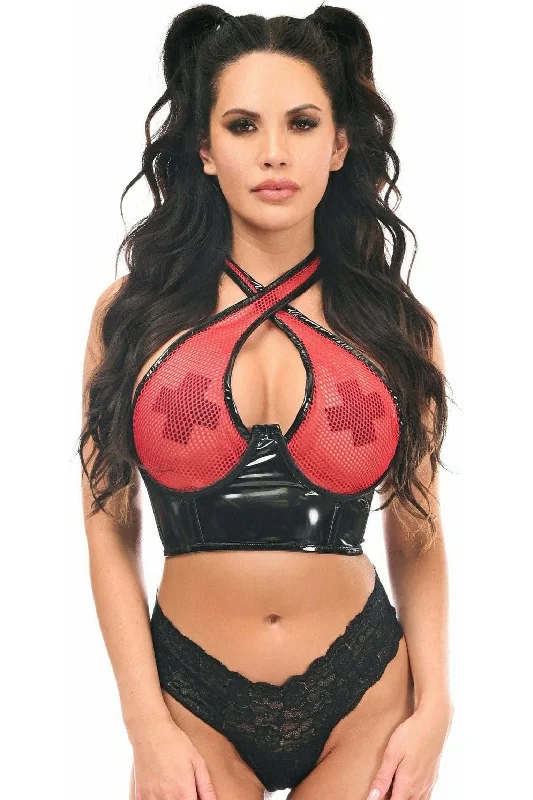 affordable women bustiers and corsetsLavish Red/Black Vinyl & Fishnet Halter Top Underwire Cincher