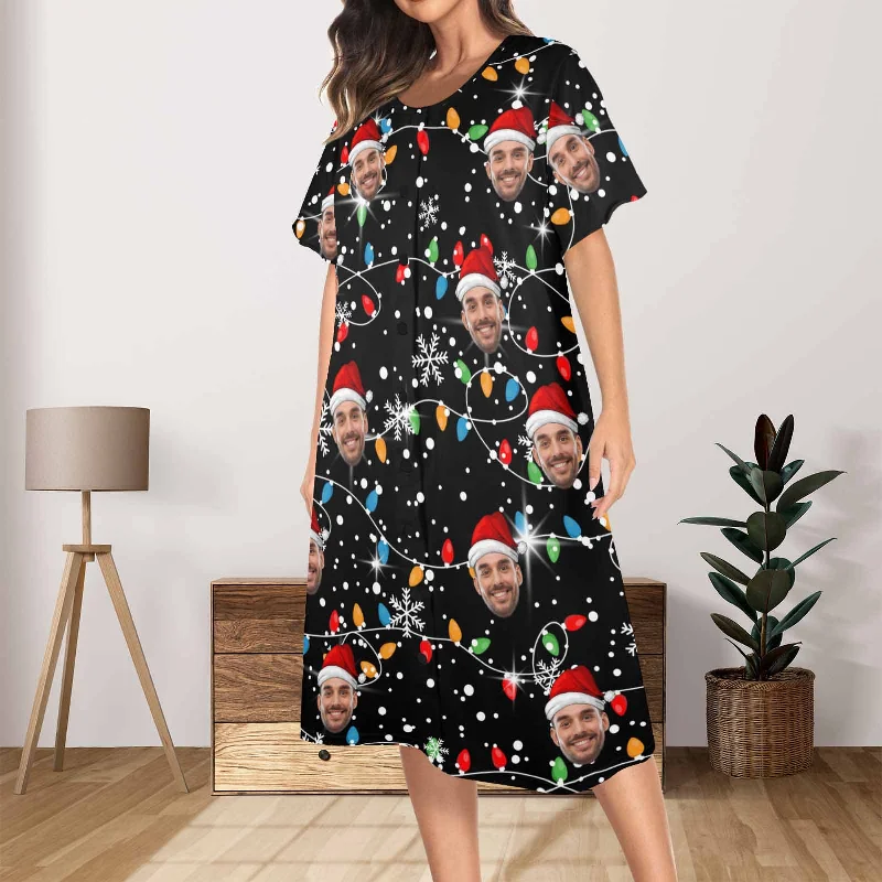 women's nightgowns with pockets for convenienceCustom Face Christmas lights Women's Nightshirt Short Sleeve Button Down Nightgown V-Neck Sleepwear Pajama Dress women's nightgowns with pockets for convenienceCustom Face Christmas lights Women's Nightshirt Short Sleeve Button Down Nightgown V-Neck Sleepwear Pajama Dress