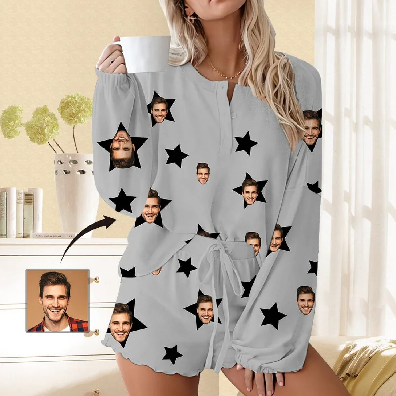 long sleeve women's nightgowns for cold nightsCustom Face Stars Grey Pajama Set Women's Long Sleeve Top and Shorts Loungewear Tracksuits long sleeve women's nightgowns for cold nightsCustom Face Stars Grey Pajama Set Women's Long Sleeve Top and Shorts Loungewear Tracksuits