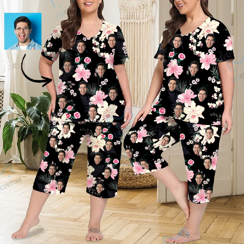 women's nightgowns with a loose fit for comfortCustom Face Black Flowers Women's Loungewear Set Short Sleeve Shirt and Capri Pants Sleepwear Pajama Set women's nightgowns with a loose fit for comfortCustom Face Black Flowers Women's Loungewear Set Short Sleeve Shirt and Capri Pants Sleepwear Pajama Set