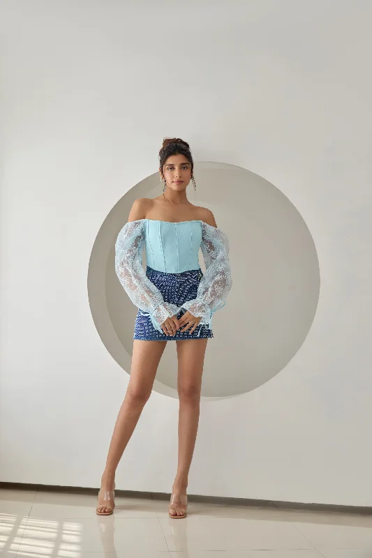 workout women bustiers and corsets supportSasha Baby Blue Embroidered Organza Sleeve Corset Top