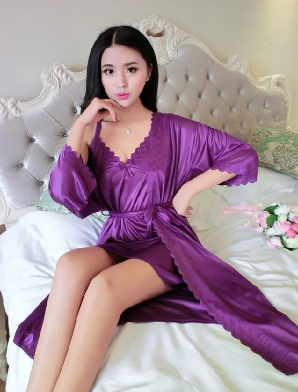 kimono - style women robes for a Japanese - inspired aestheticShort Night Dress & Full Sleeves Robe - Navy Blue - Satin