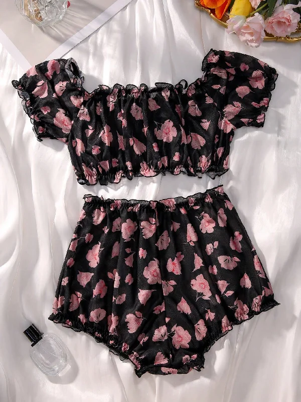 Classic Sexy Floral Print Frill Trim Lingerie Set