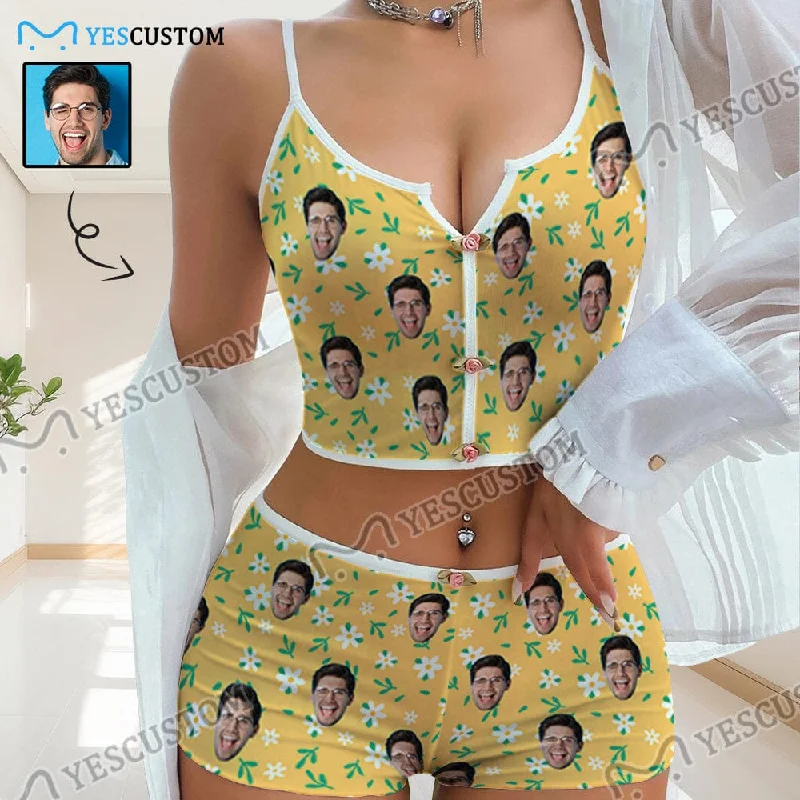 cotton women's sleepshirts for breathable comfortPhoto Custom Husband Face Flowers Print Yellow Background Sleepwear Appliques Notched Neckline Lingerie Set Pajamas Bachelorette party cotton women's sleepshirts for breathable comfortPhoto Custom Husband Face Flowers Print Yellow Background Sleepwear Appliques Notched Neckline Lingerie Set Pajamas Bachelorette party