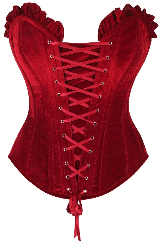cheap women bustiers and corsets onlineTop Drawer Dark Red Velvet Lace-Up Steel Boned Overbust Corset