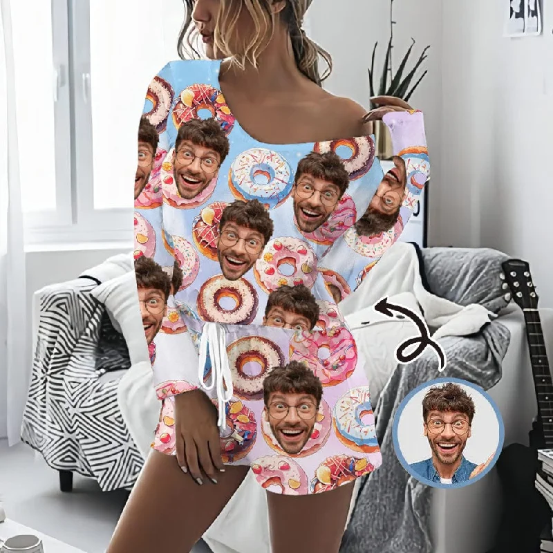 women's sleepshirts for a comfortable stay - at - home dayCustom Face Donut Women's Long Sleeve One Side Off Shoulder Short Pajama Set women's sleepshirts for a comfortable stay - at - home dayCustom Face Donut Women's Long Sleeve One Side Off Shoulder Short Pajama Set