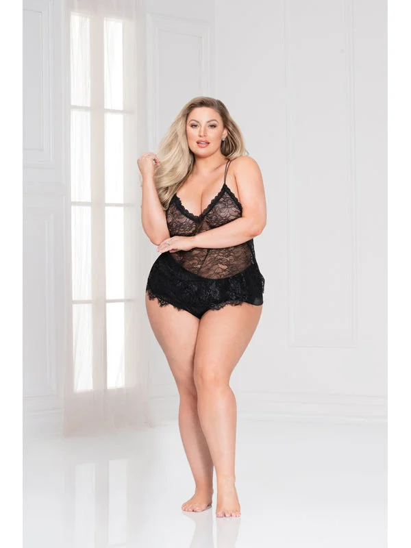 women lounge dress with a button - down front for versatilitySweet Sins Chemise Set 11125X Black 1X/2X