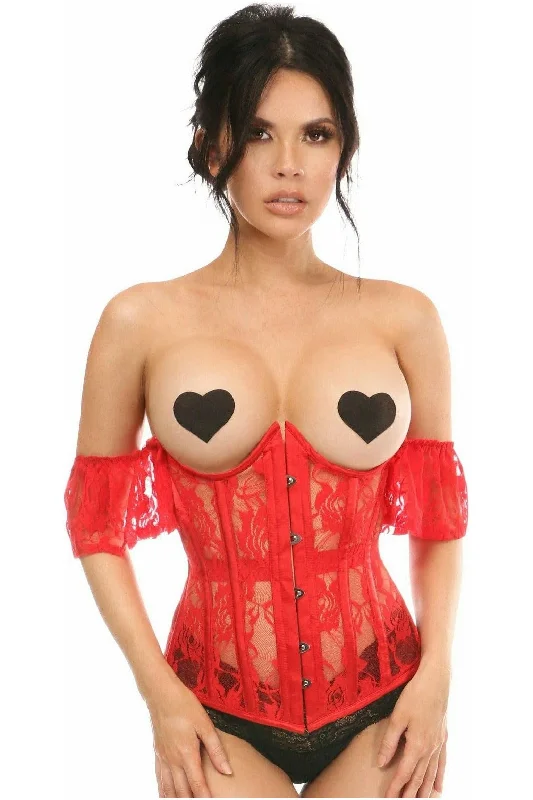 low - cut women bustiers and corsetsLavish Sheer Red Lace Underbust Underwire Corset w/Ruffle Sleeve