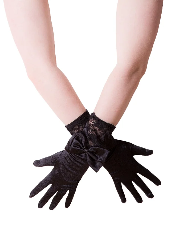 Black Satin Glove With Lace Inset And Bow - One Size