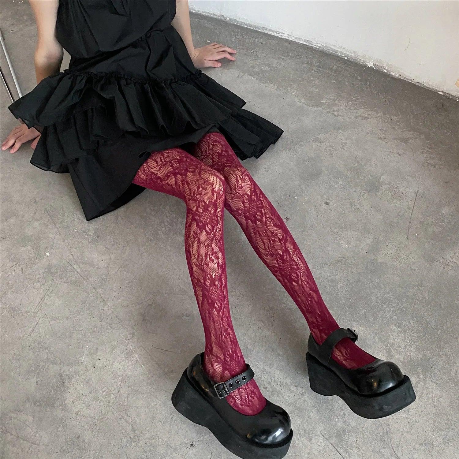 Burgundy Punk Style Sweet Girl Tights Thigh