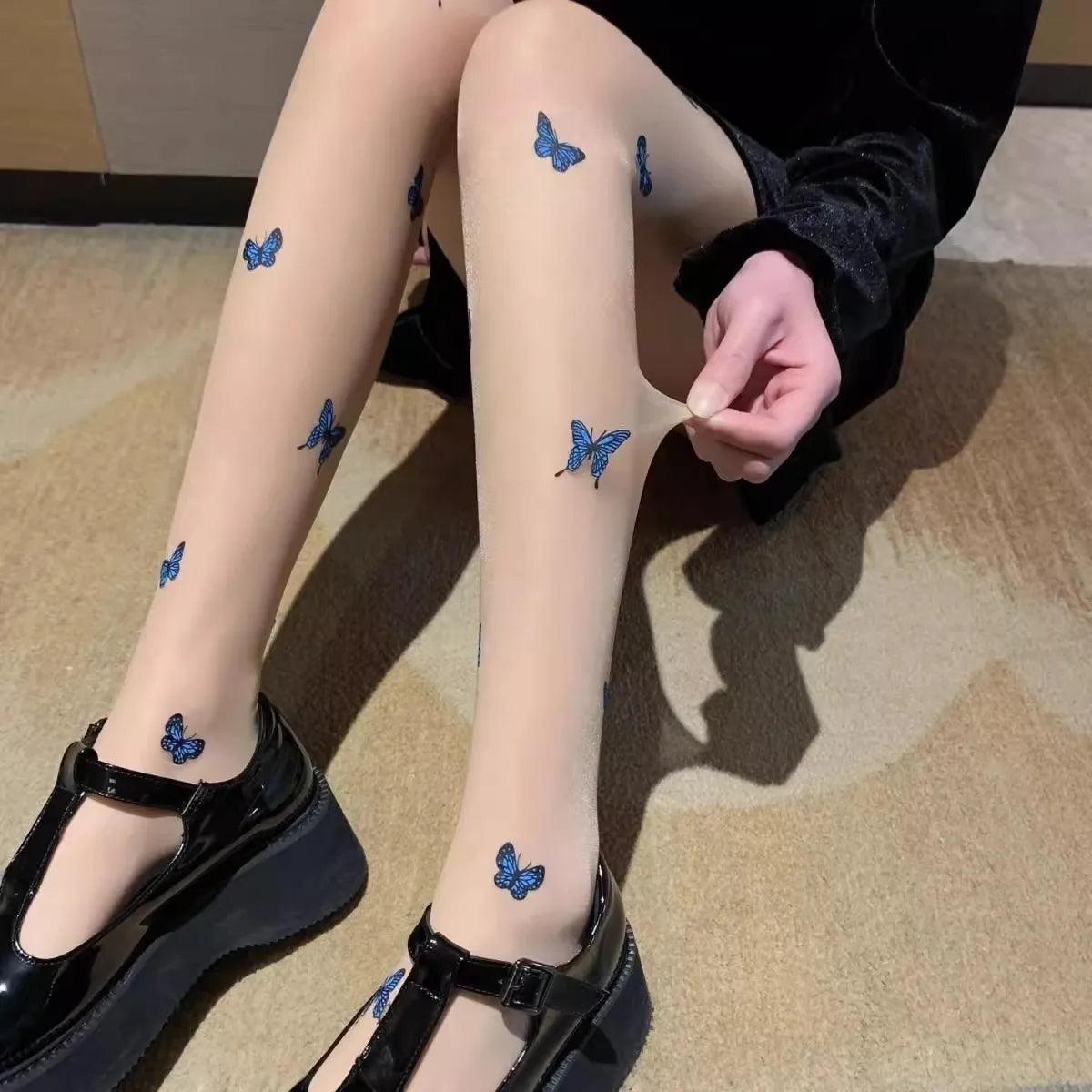 Hot Women Blue Butterfly Tights Vintage