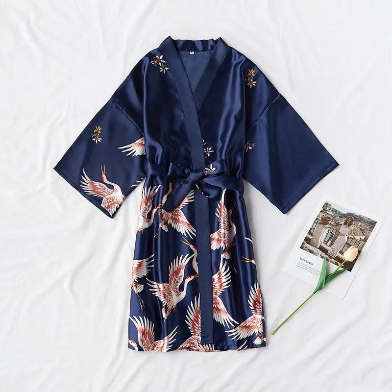 Navy Nightgown Fashion Satin Female Robe