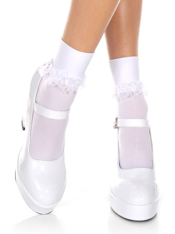 Opaque Ruffle Top White Socks - One Size