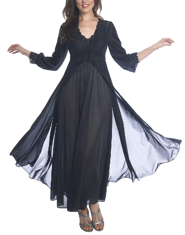 Shadowline Loungewear Long Lace Trim Button Down Black Robe 71737