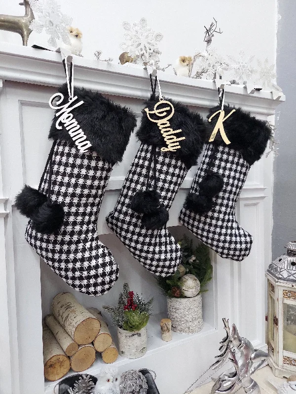 20" Black White Plaid Christmas Stocking | Knit Faux Fur Pom Poms Two Tone Chic Monochromatic Holiday Decor Personalized Embroidery Name Tag 20" Black White Plaid Christmas Stocking | Knit Faux Fur Pom Poms Two Tone Chic Monochromatic Holiday Decor Personalized Embroidery Name Tag