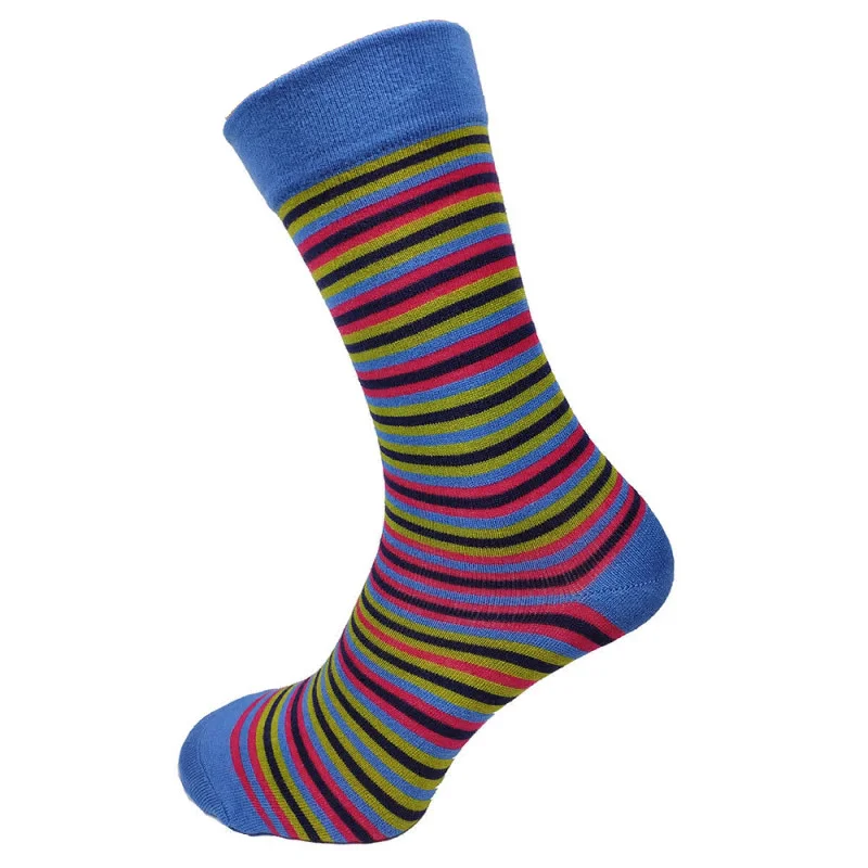 Blue with Multi coloured Thin Stripe Bamboo Socks