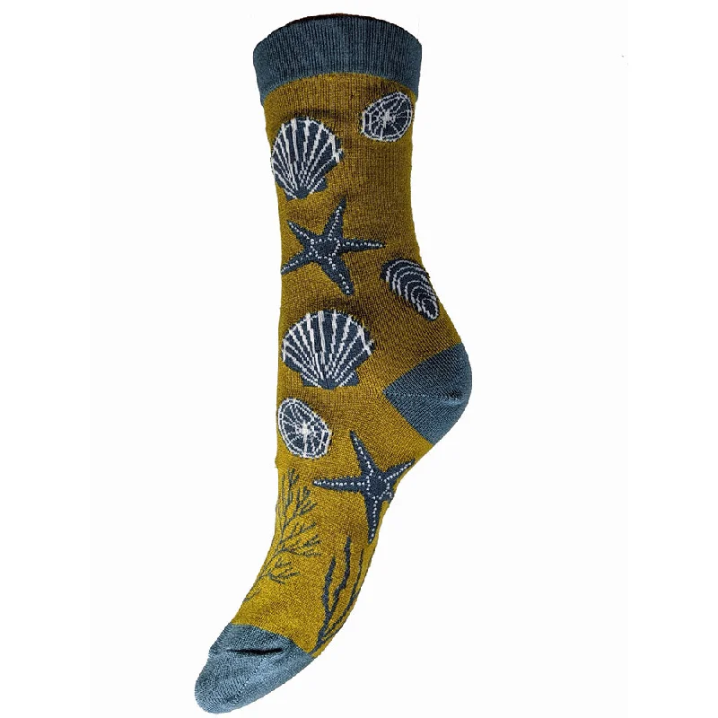 Mustard Sea Shells Bamboo Socks